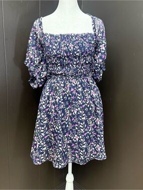 Navy Floral Smocked Puff Sleeve Mini Dress